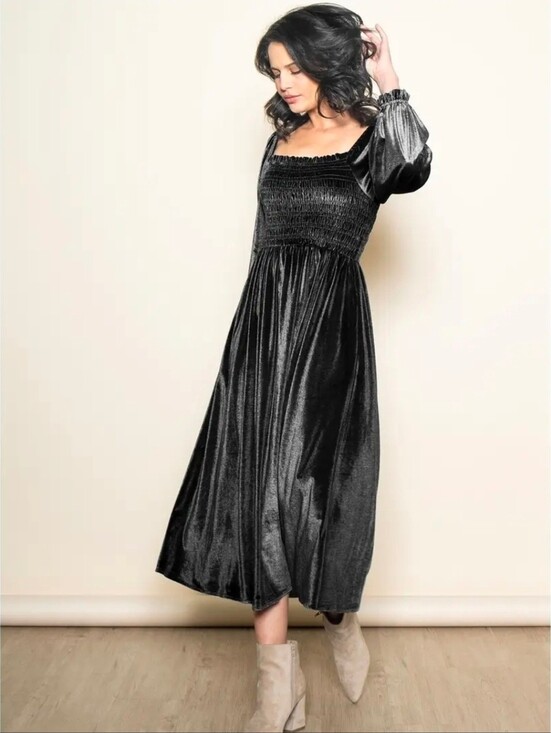 Dresses & Skirts - Smocked Velvet Midi Dress - Black